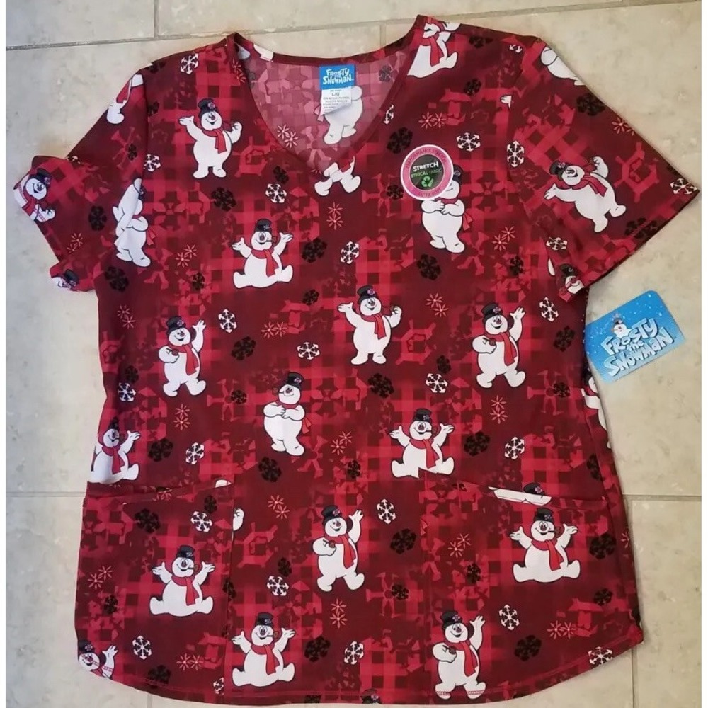 Frosty the Snowman Women Scrub Top Red Performance Stretch Pockets sz‎ Large NEW
